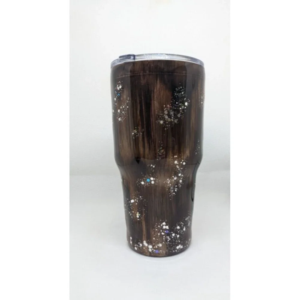 Handpainted Woodgrain Resin Tumbler - Dark Brown & Silver Glitter, 30oz, New